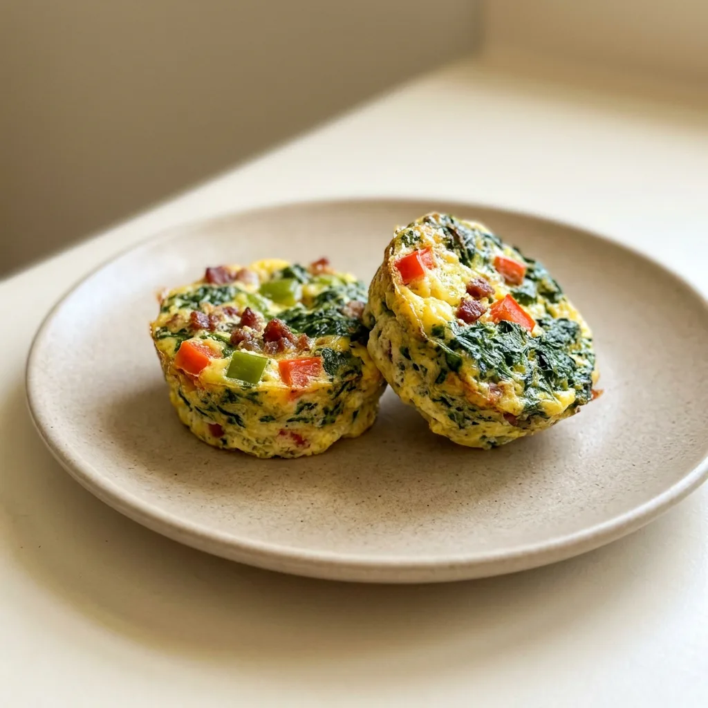 Overhead shot of two egg muffins topped with bacon, red and green bell pepper, and chives.