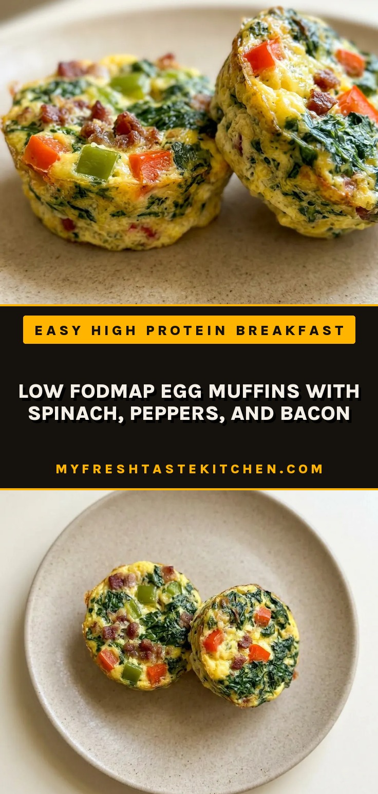 Low FODMAP egg muffins with spinach and bell peppers, bacon and chive egg muffins, low FODMAP breakfast muffins, showing golden egg cups dotted with red and green pepper, dark green spinach, and brown bacon bits.