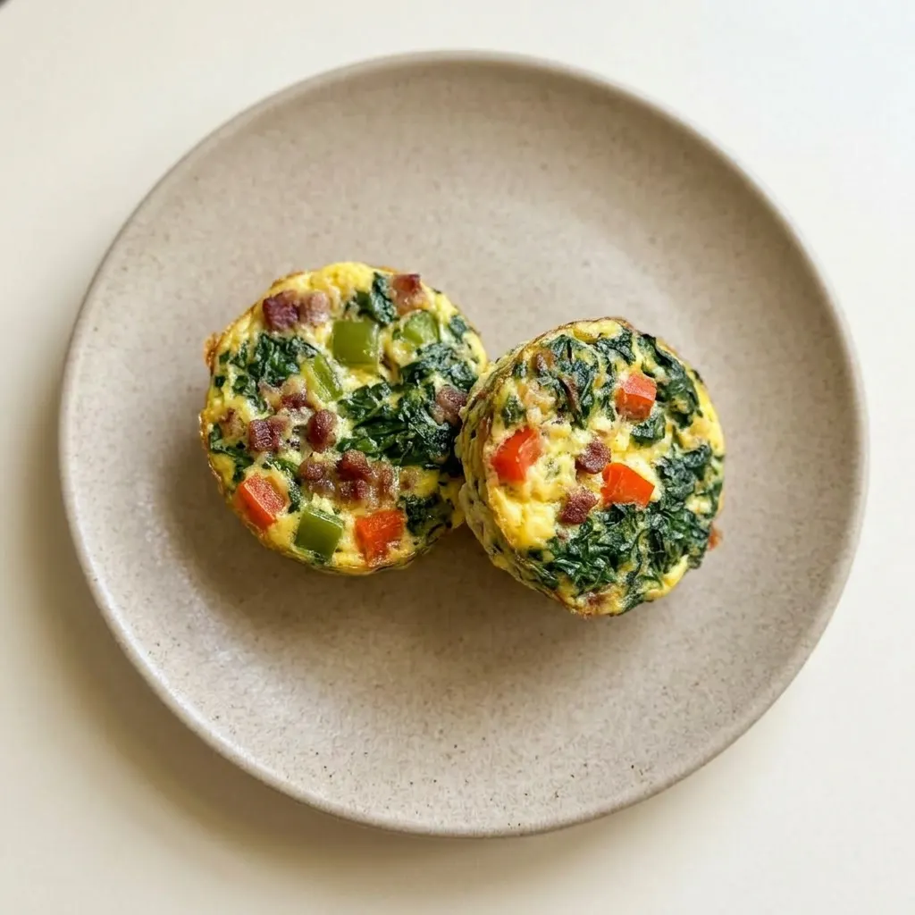 Plated egg muffins garnished with chives, bacon pieces, and bell pepper strips.