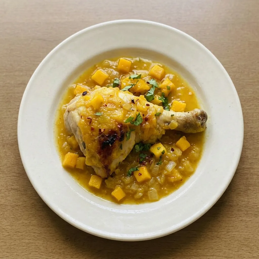 A serving of mango chicken with rice, topped with cilantro and red pepper flakes, lime wedge on the side.