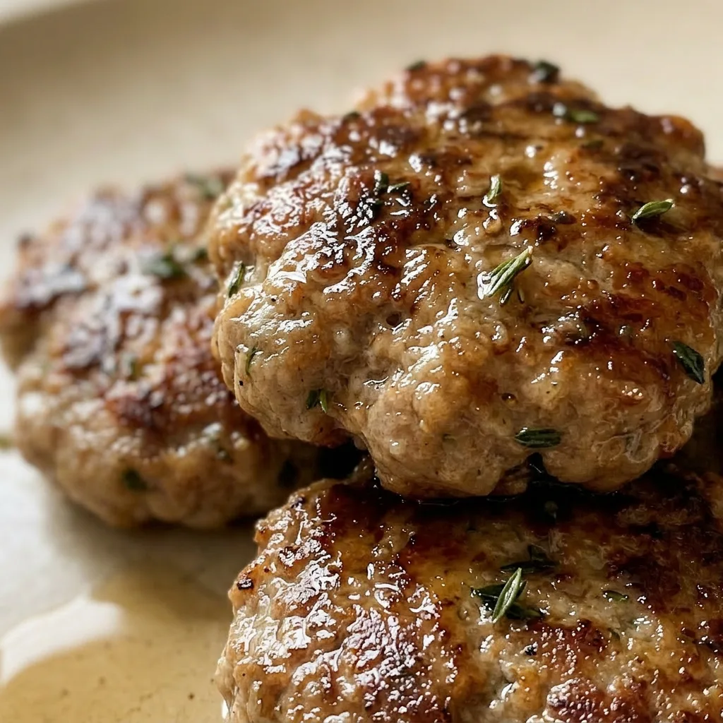 Up close, a single patty with a caramelized surface, thyme leaves, and a thin garlic slice, drizzled with olive oil.