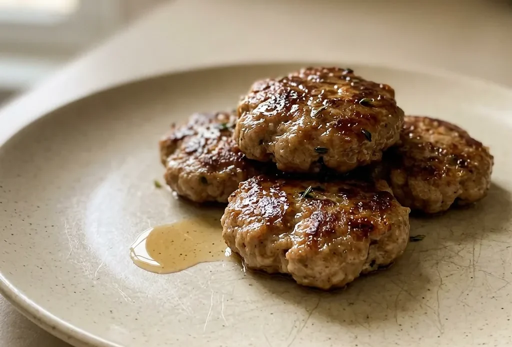 Looking down at three round pork patties with a glossy maple glaze, scattered thyme leaves and garlic slices visible on top.