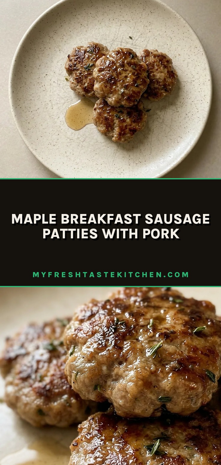 Maple breakfast sausage patties with pork are browned ground pork patties with garlic and thyme seasoning and a maple syrup glaze.