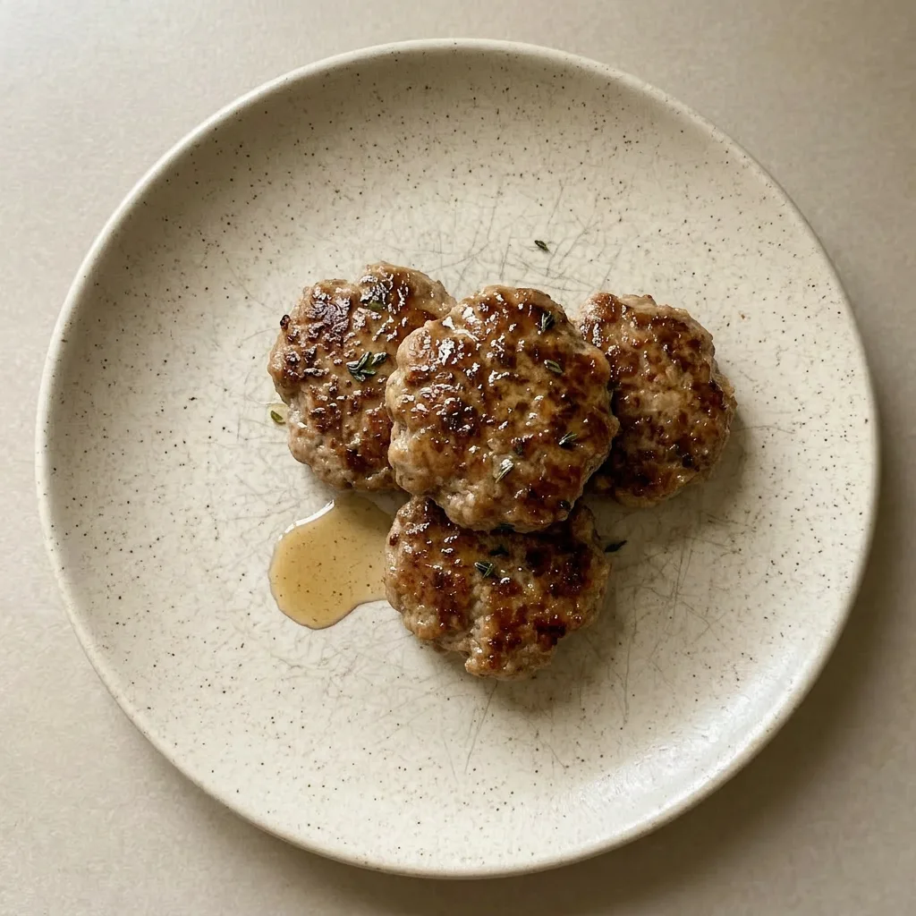 A plate of three maple-glazed pork patties, each topped with thyme and garlic, with olive oil pooling around them.