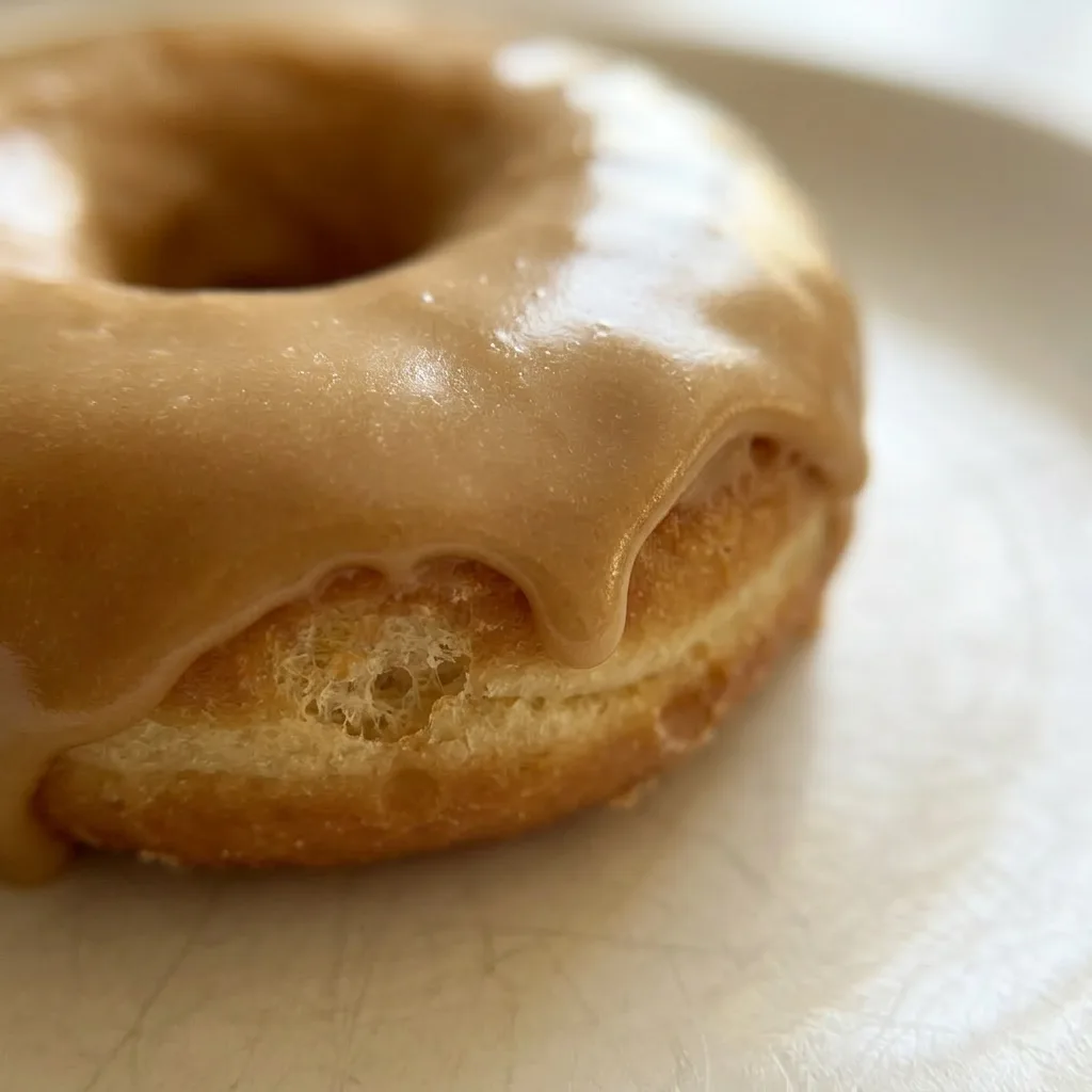 Close view of a pastry piece with thick maple glaze coating, butter sheen, and powdered sugar dusting.
