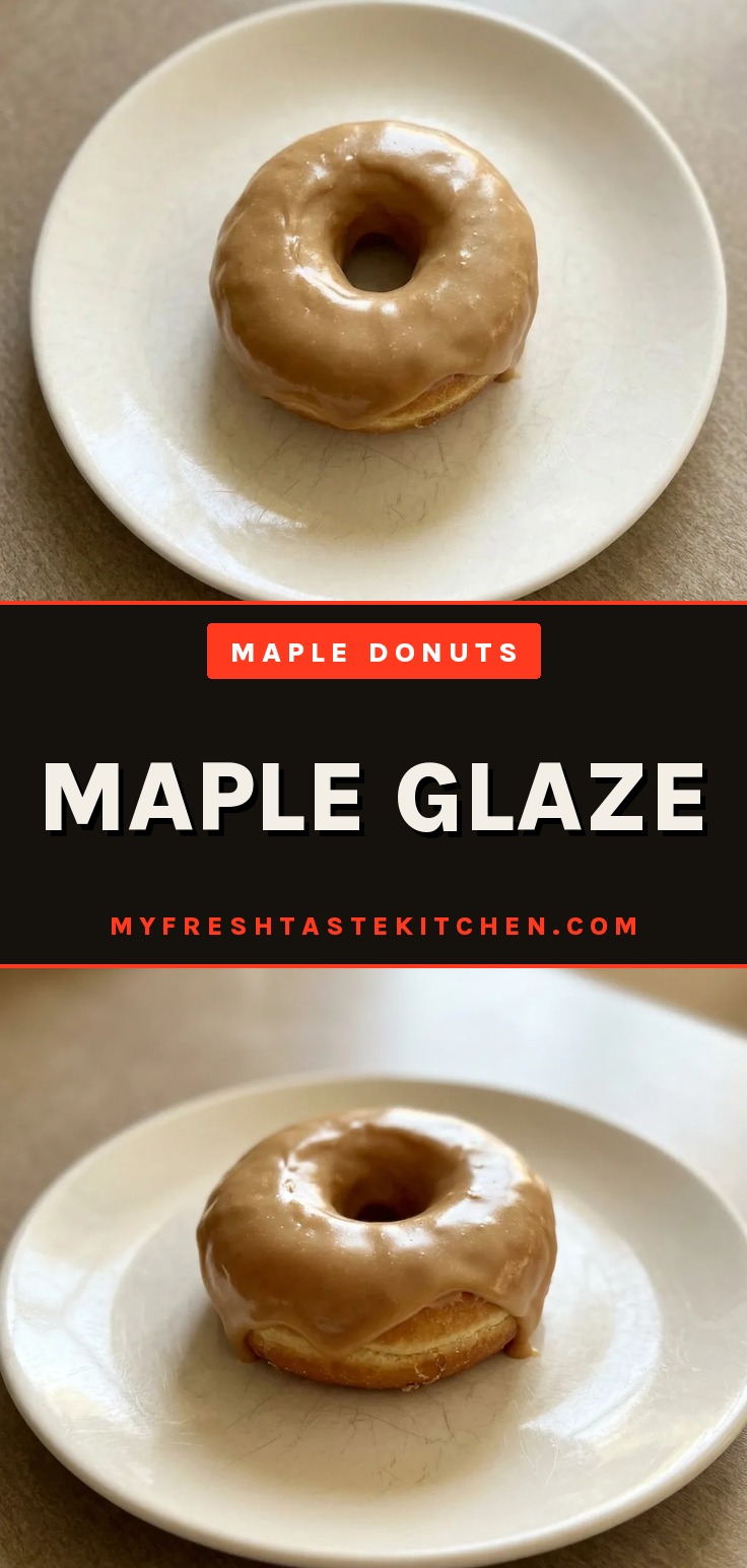 Maple glaze for donuts recipe with butter, maple syrup, and vanilla extract poured over donuts as a glossy icing.