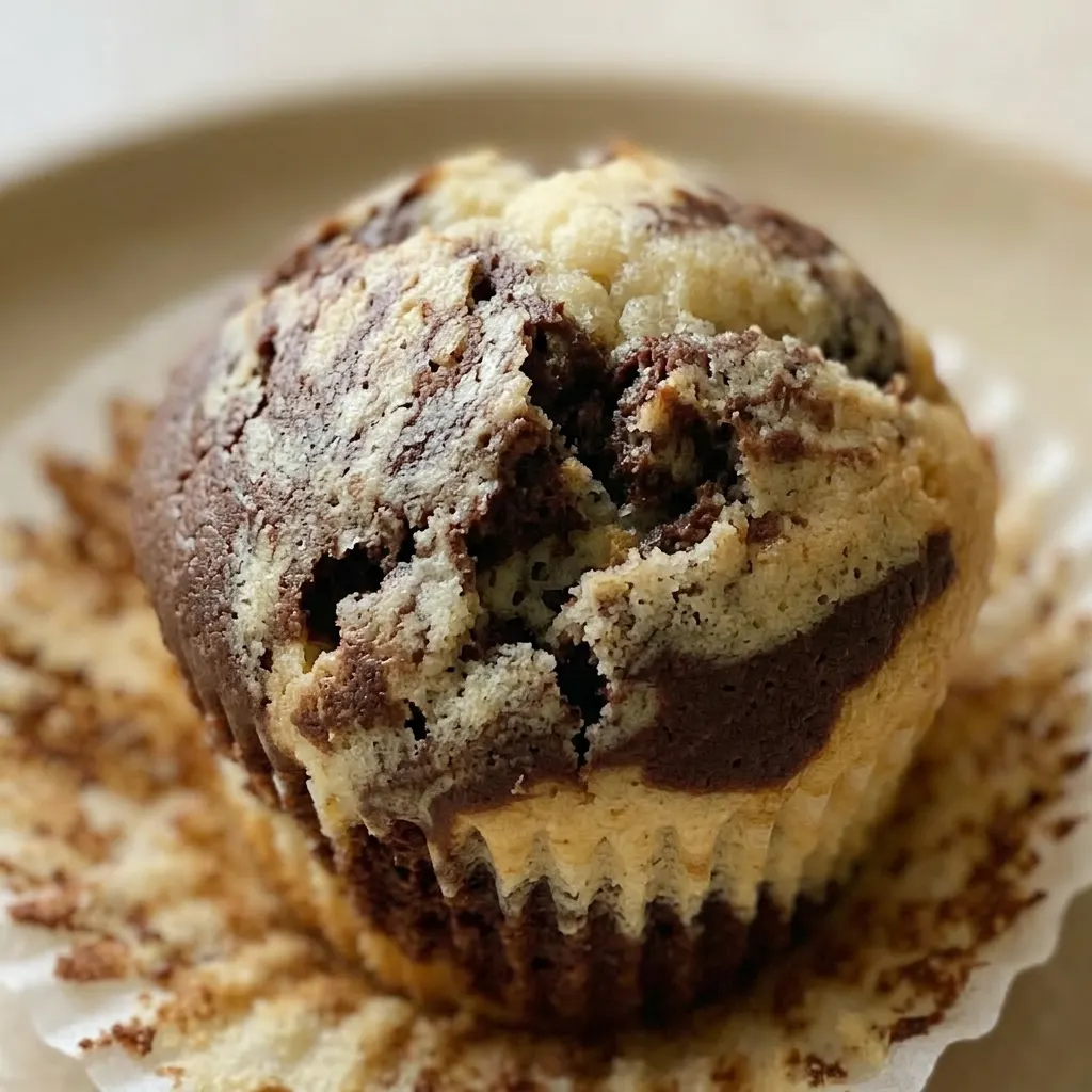 Macro detail of a marble muffin with visible cocoa and vanilla marbling, butter and sugar crystals glistening on the crust.