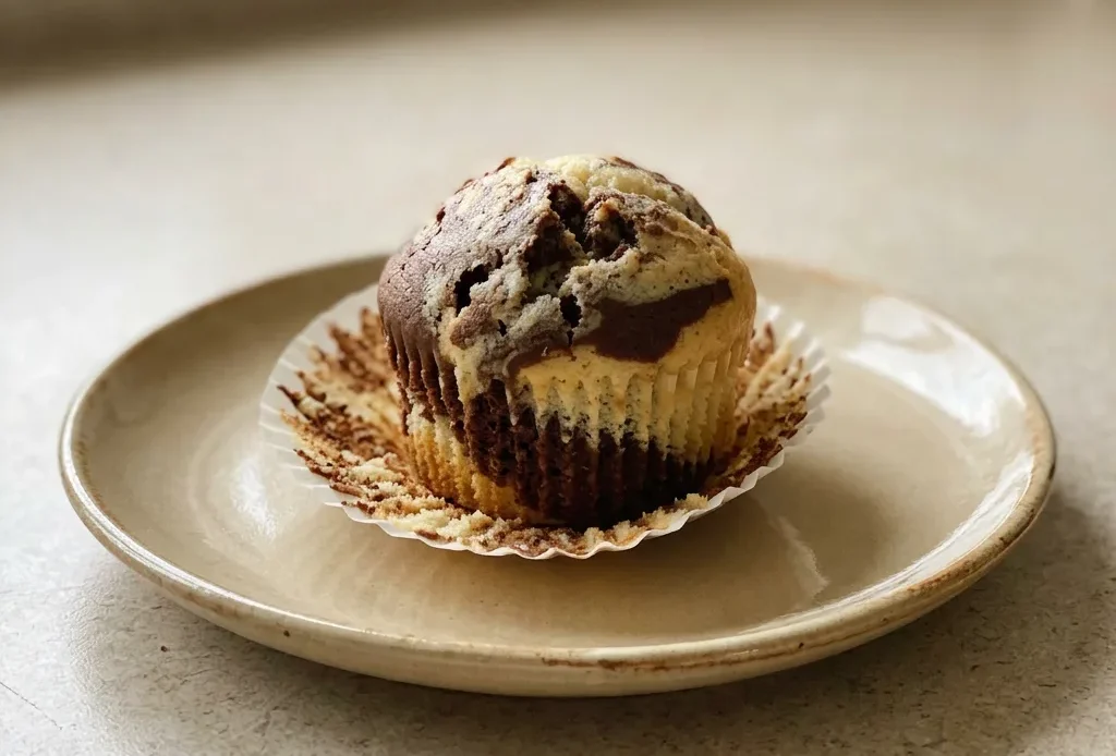 Top-down look at two marble muffins with cocoa swirls, one cut in half revealing vanilla and chocolate layers.