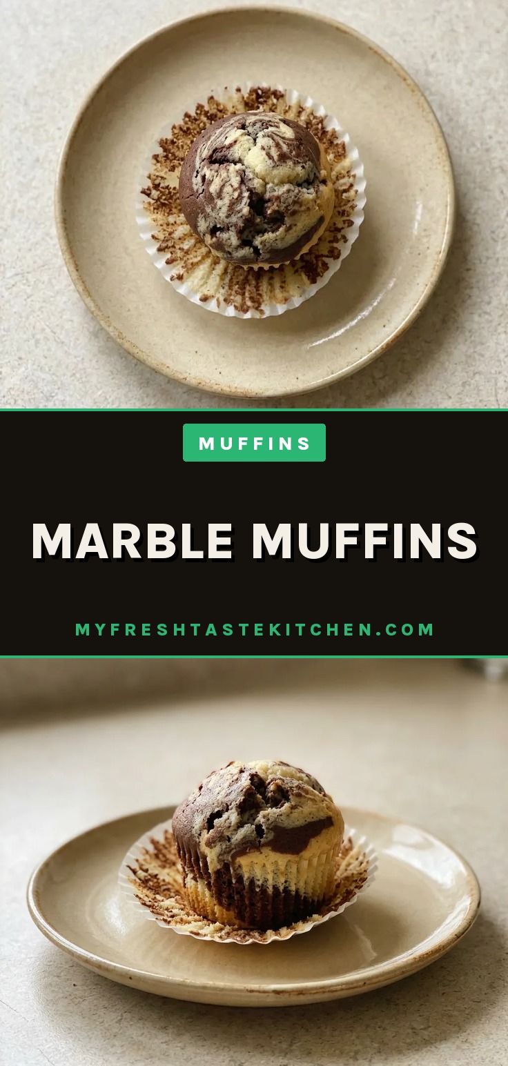 Top-down look at two marble muffins with cocoa swirls, one cut in half revealing vanilla and chocolate layers.