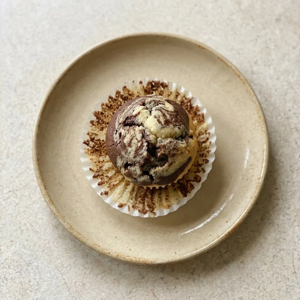 A serving of two marble muffins on a white plate, one whole and one halved, with butter pats on top.