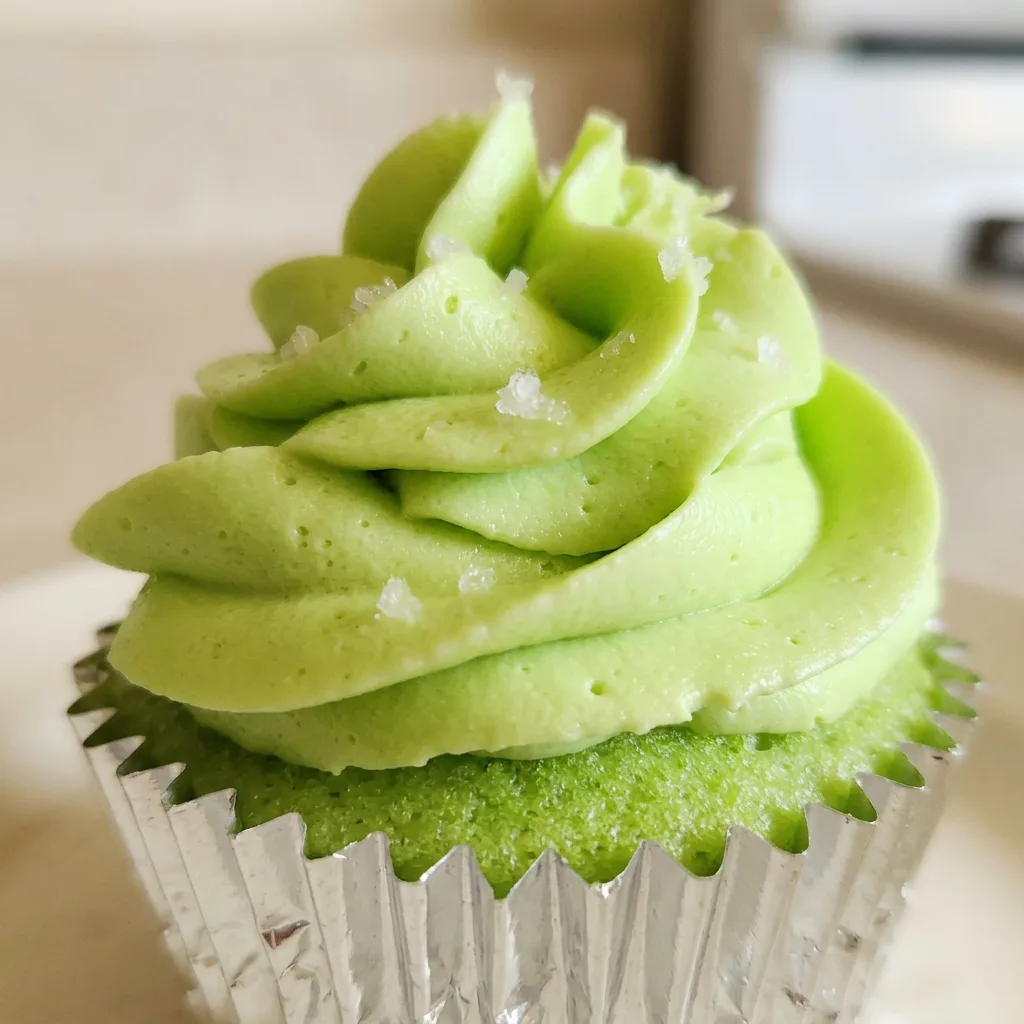 Up close, a single cupcake with green jello layer, white frosting, and a lime wedge on top.