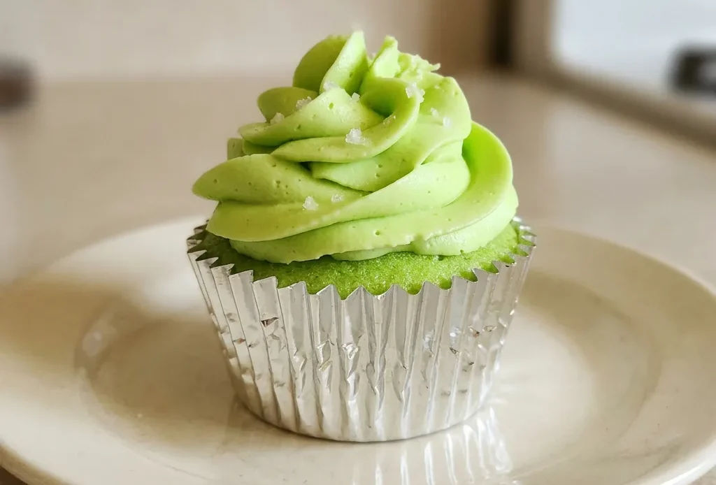 Looking down at three margarita cupcakes with lime jello glaze, topped with tequila-lime frosting and a lime wedge.