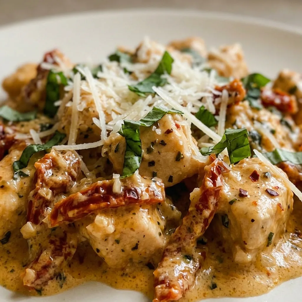 Close view of a chicken breast with sun-dried tomatoes and basil, coated in a creamy parmesan sauce.