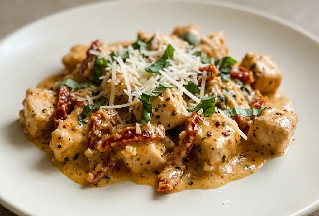 Overhead shot of chicken breast topped with sun-dried tomatoes and basil, in a creamy parmesan sauce.