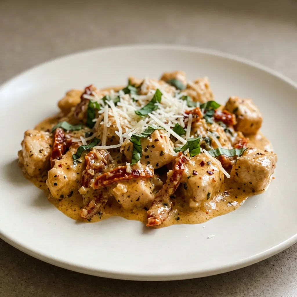 Overhead shot of chicken breast topped with sun-dried tomatoes and basil, in a creamy parmesan sauce.