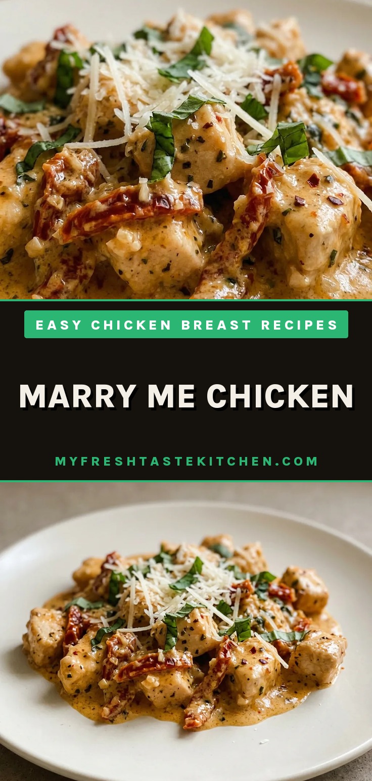 Overhead shot of chicken breast topped with sun-dried tomatoes and basil, in a creamy parmesan sauce.