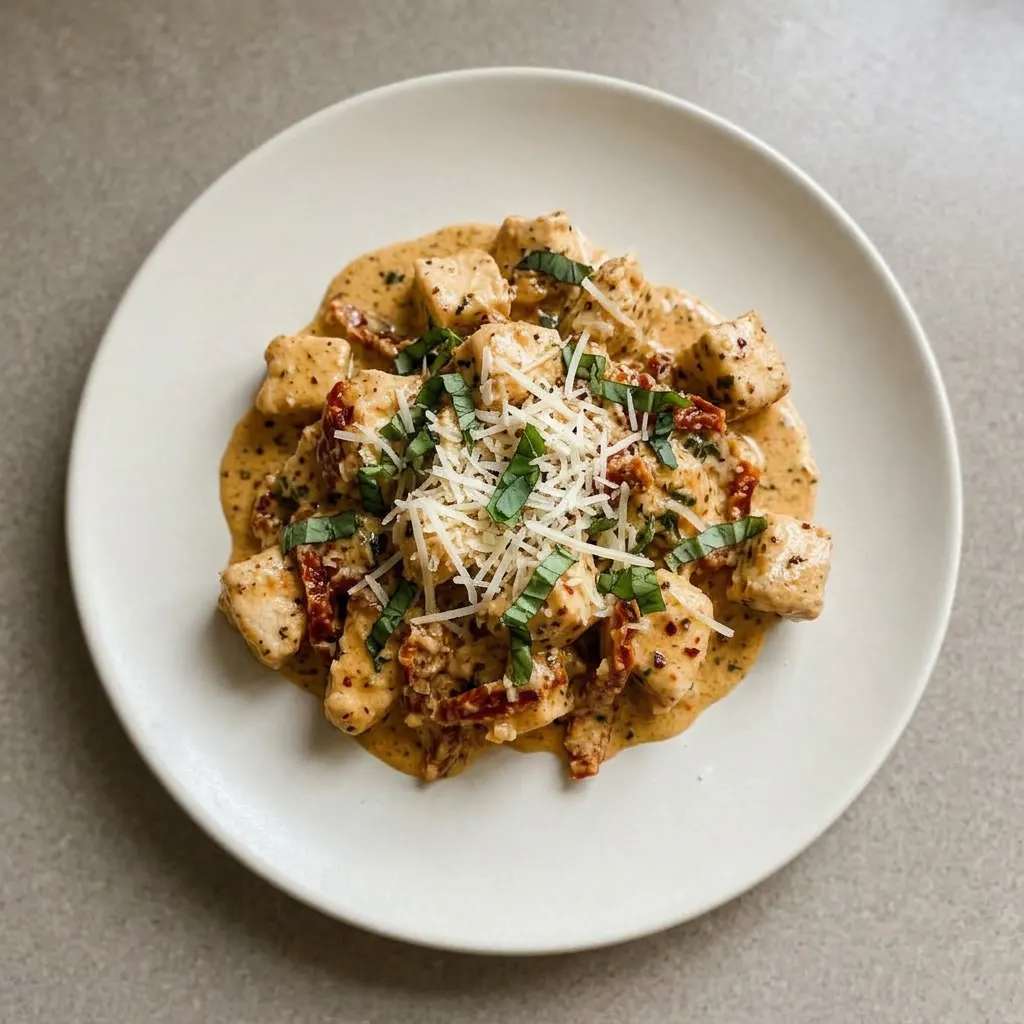 Plated chicken breast with sun-dried tomatoes and basil, covered in a rich parmesan cream sauce.