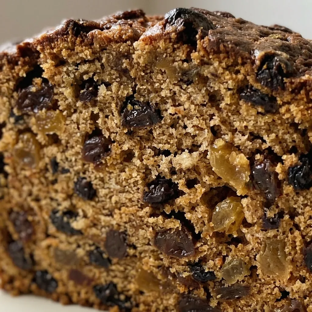 Up close, a slice of tea loaf with visible dried fruit and a moist crumb.