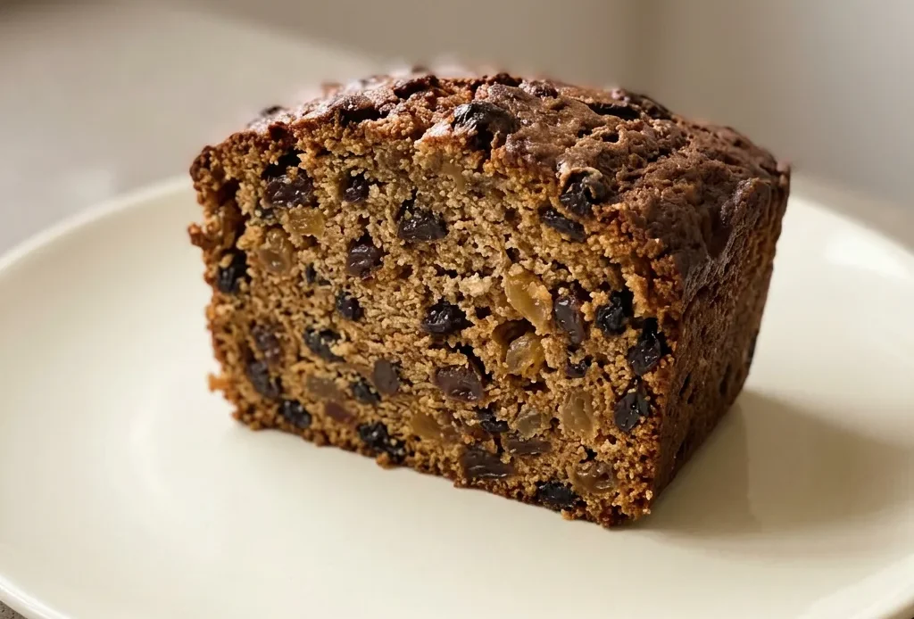 Looking down at a round tea loaf topped with dried fruit, sliced into wedges.