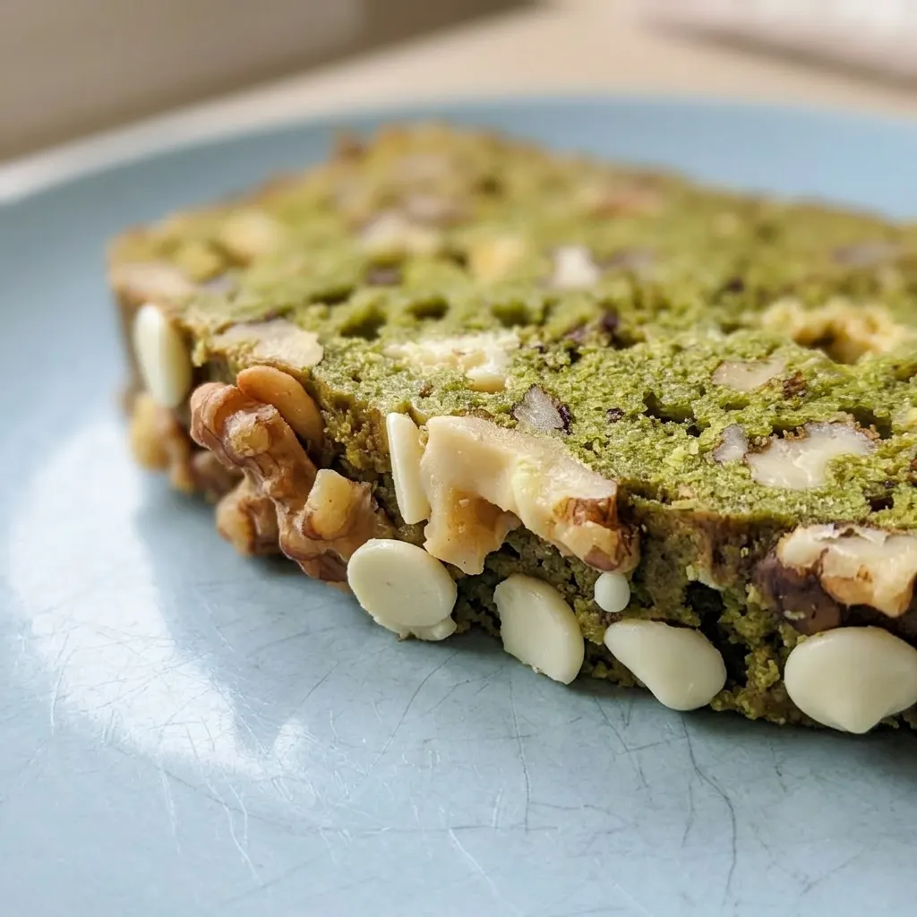 Macro detail of matcha banana bread showing green crumb, white chocolate chips, and walnut pieces.