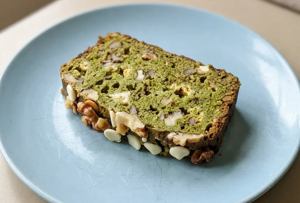 Top-down look at a slice of matcha banana bread topped with white chocolate chips and walnuts.