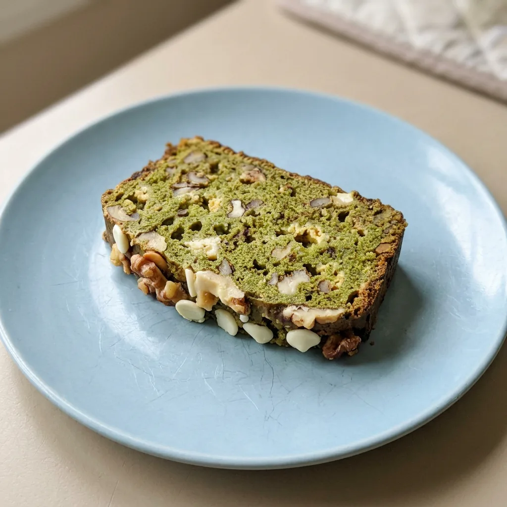 Top-down look at a slice of matcha banana bread topped with white chocolate chips and walnuts.