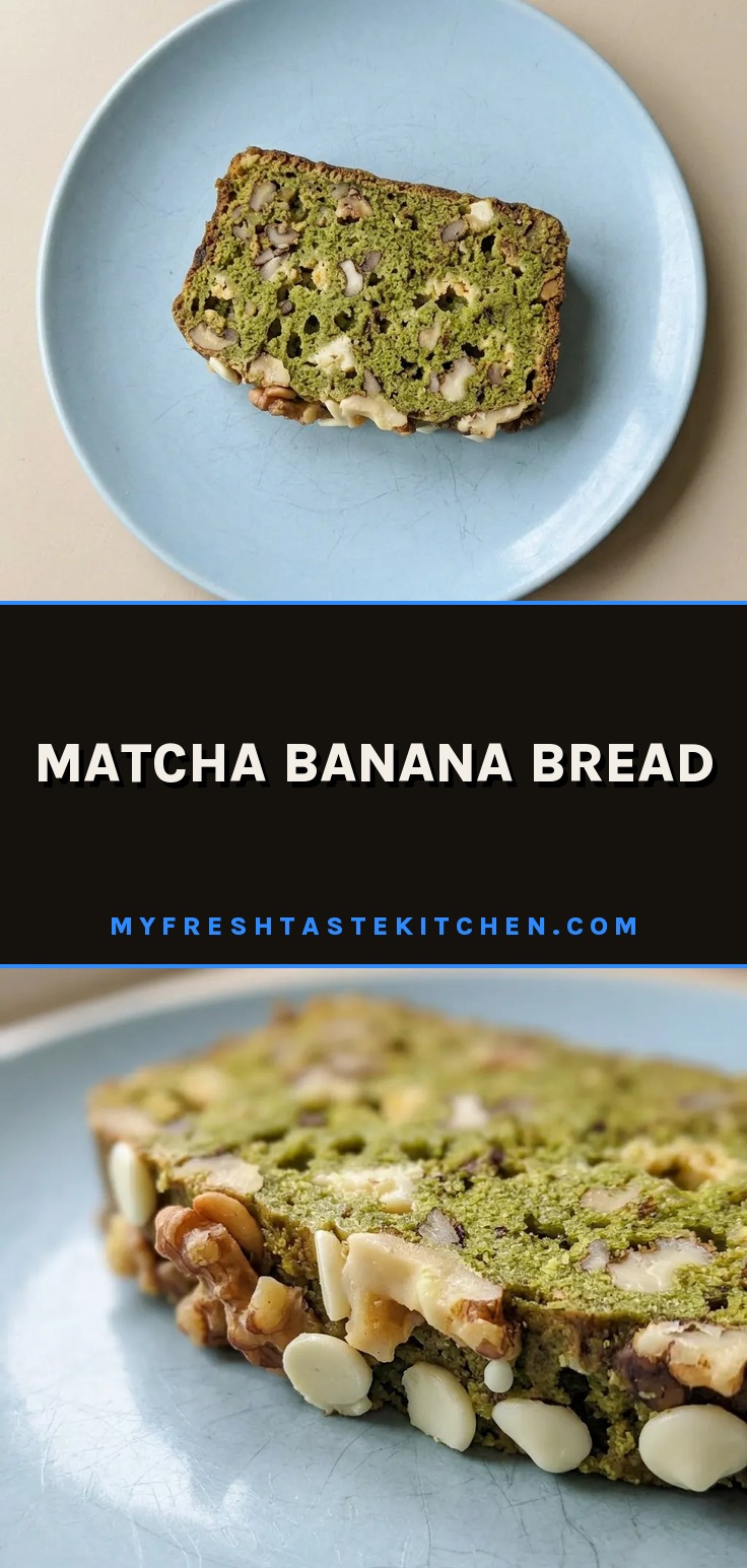 Top-down look at a slice of matcha banana bread topped with white chocolate chips and walnuts.