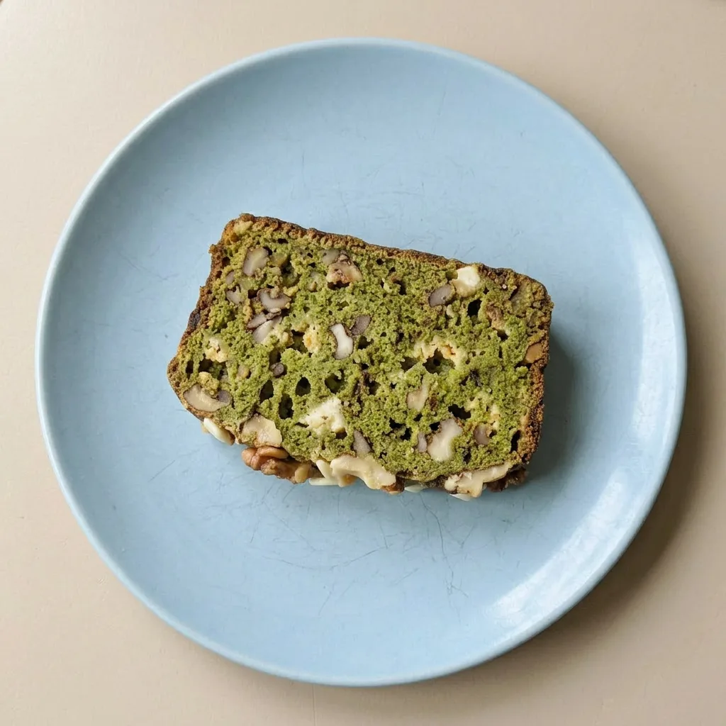 A serving of matcha banana bread with visible banana, white chocolate chips, and walnuts.