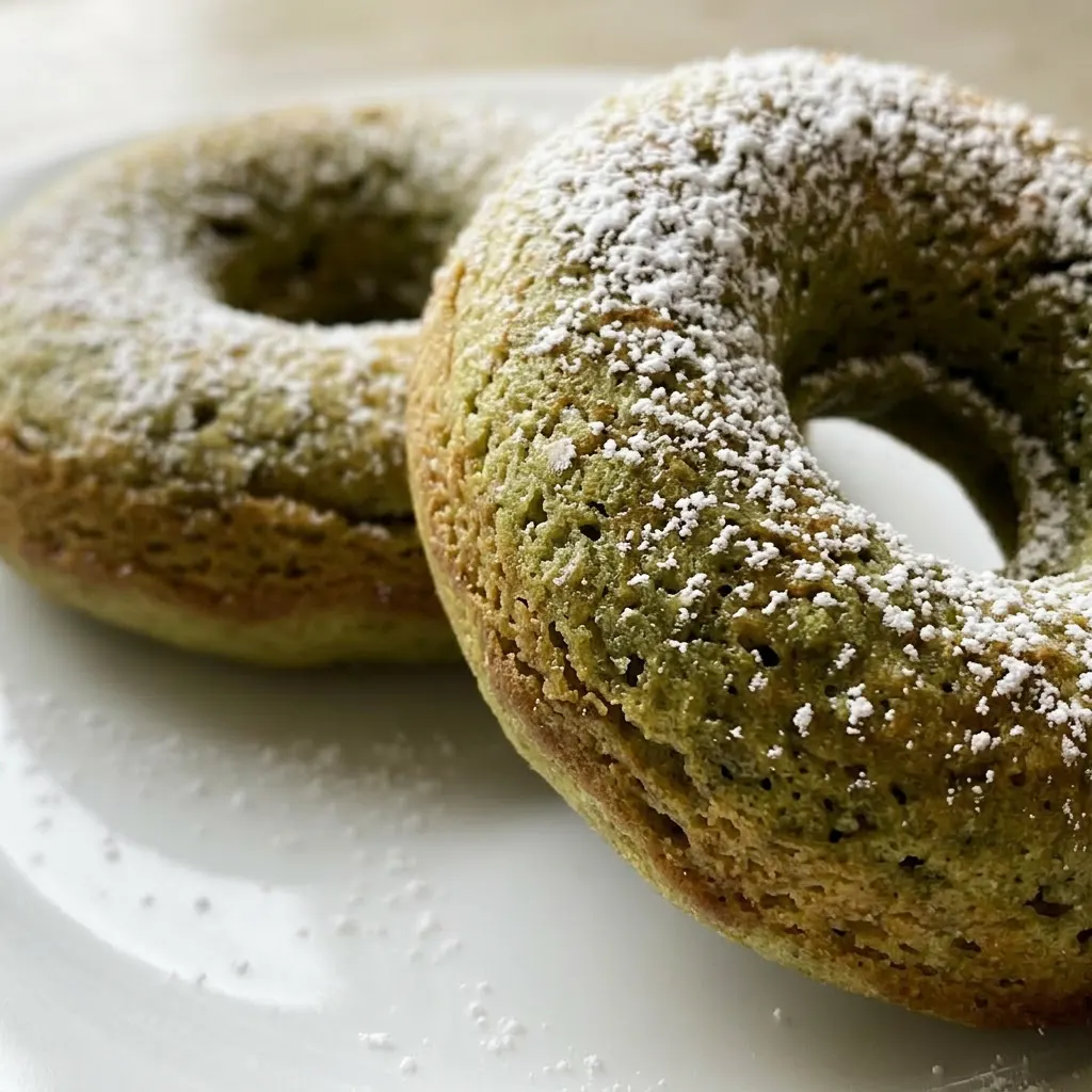 Zoomed in on a matcha donut with glossy white icing and tiny green sprinkles, showing its fluffy texture.