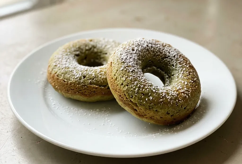 Bird's-eye view of three matcha donuts with white icing and green sprinkles on a dark surface.