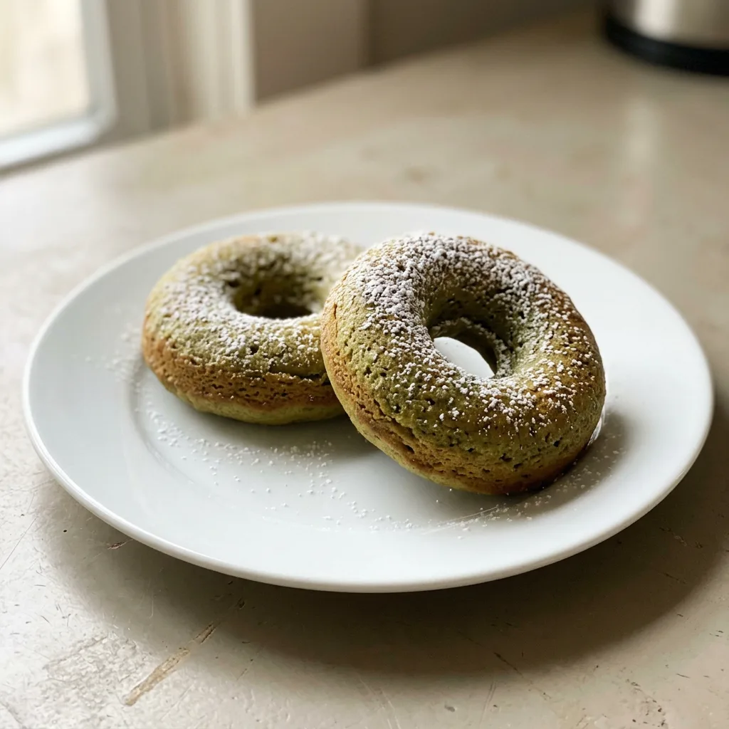 Bird's-eye view of three matcha donuts with white icing and green sprinkles on a dark surface.