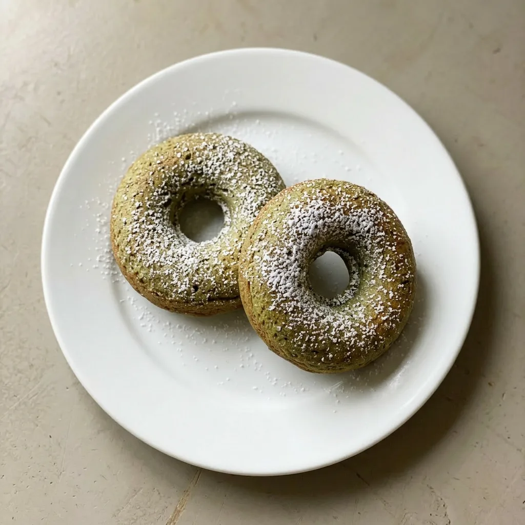 Ready to serve: a stack of two matcha donuts with white icing and green sprinkles, seen from a low angle.