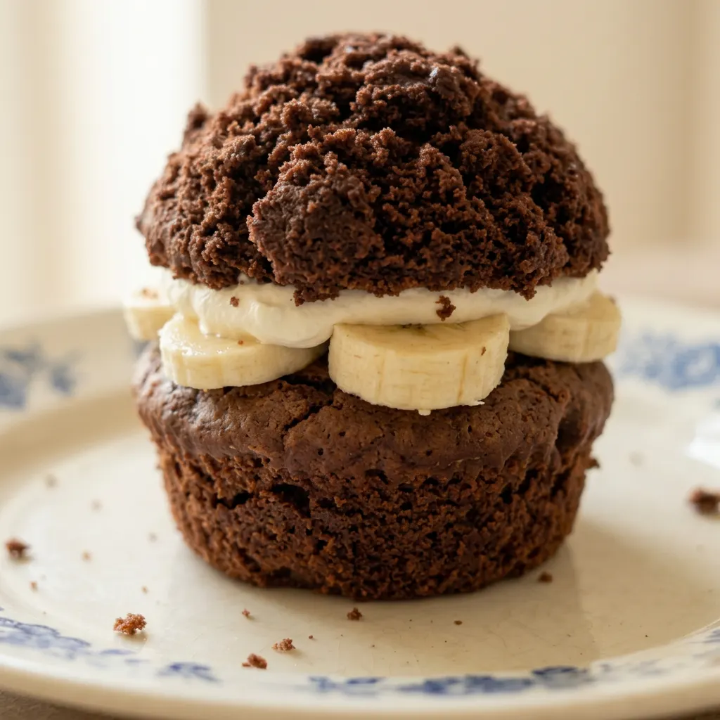 Macro detail of a moist chocolate muffin with cream swirl and banana piece, chocolate chips visible.
