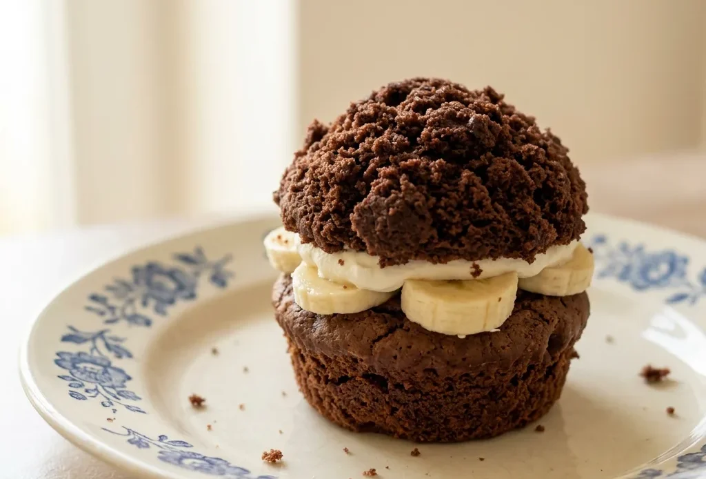 Top-down look at a dark chocolate muffin topped with whipped cream and a banana slice.
