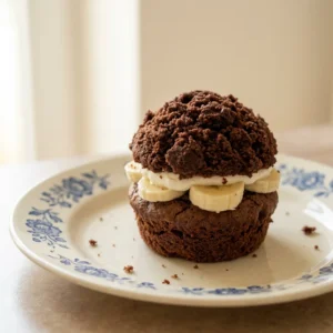 Top-down look at a dark chocolate muffin topped with whipped cream and a banana slice.
