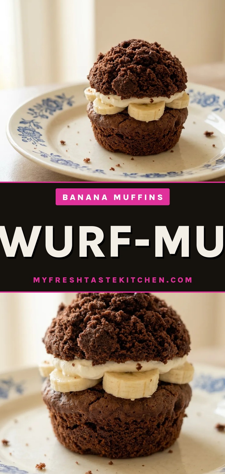 Top-down look at a dark chocolate muffin topped with whipped cream and a banana slice.