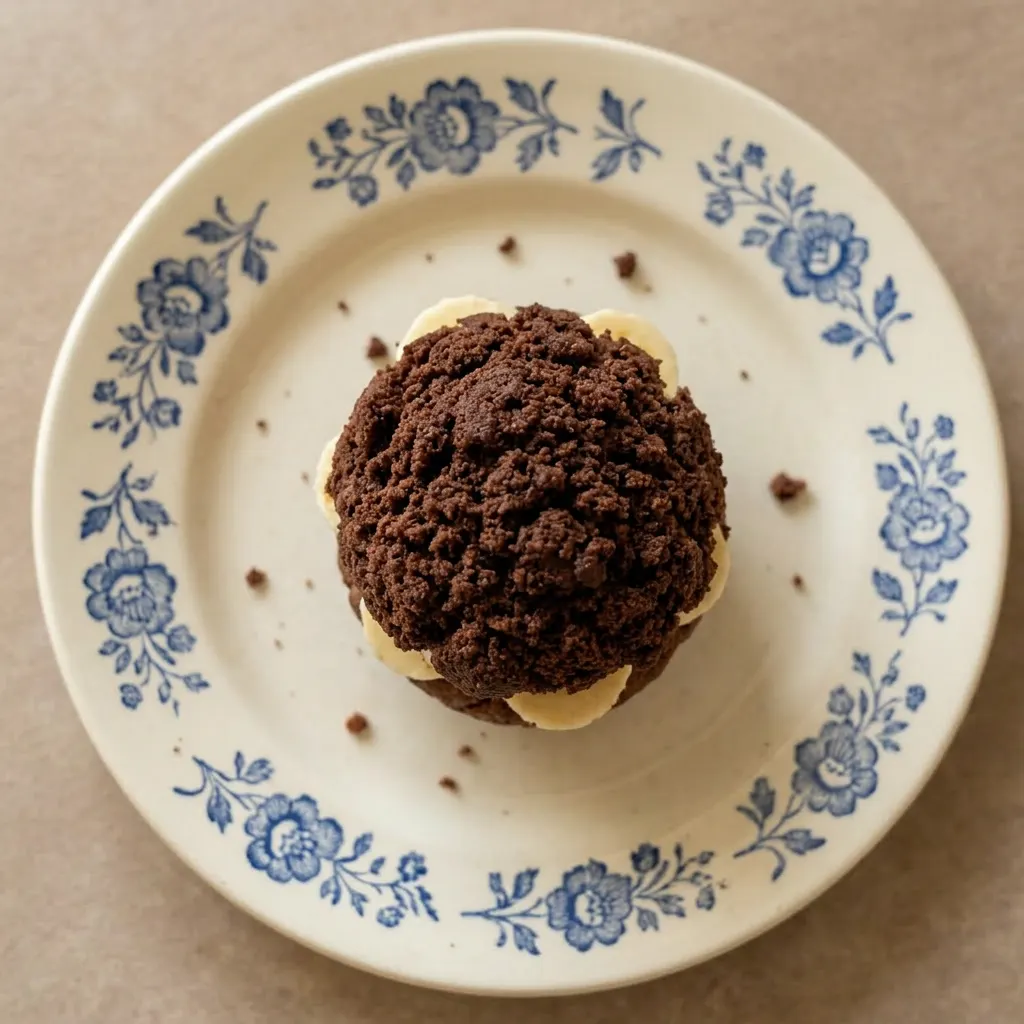 A serving of a chocolate muffin with whipped cream and banana on top, chips studded in crumb.