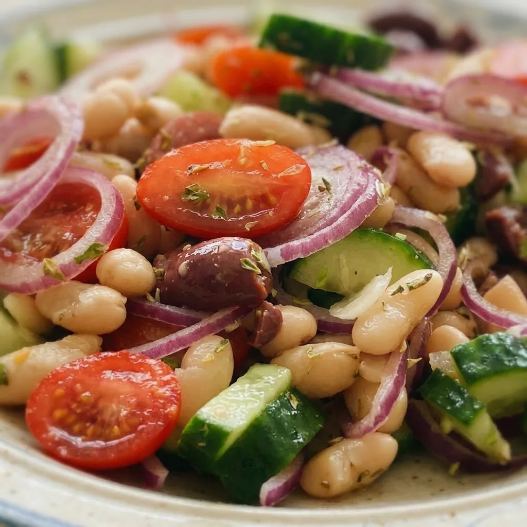 Zoomed in on a forkful of white beans, cherry tomatoes, and Kalamata olives, with red onion and cucumber pieces visible, glistening with olive oil and lemon juice.