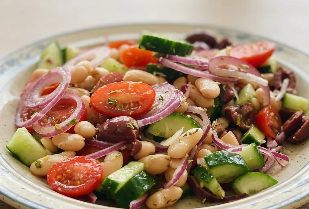Bird's-eye view of white beans, cherry tomatoes, Kalamata olives, red onion, and cucumber in a light olive oil and lemon dressing, topped with oregano.