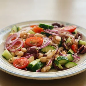 Bird's-eye view of white beans, cherry tomatoes, Kalamata olives, red onion, and cucumber in a light olive oil and lemon dressing, topped with oregano.