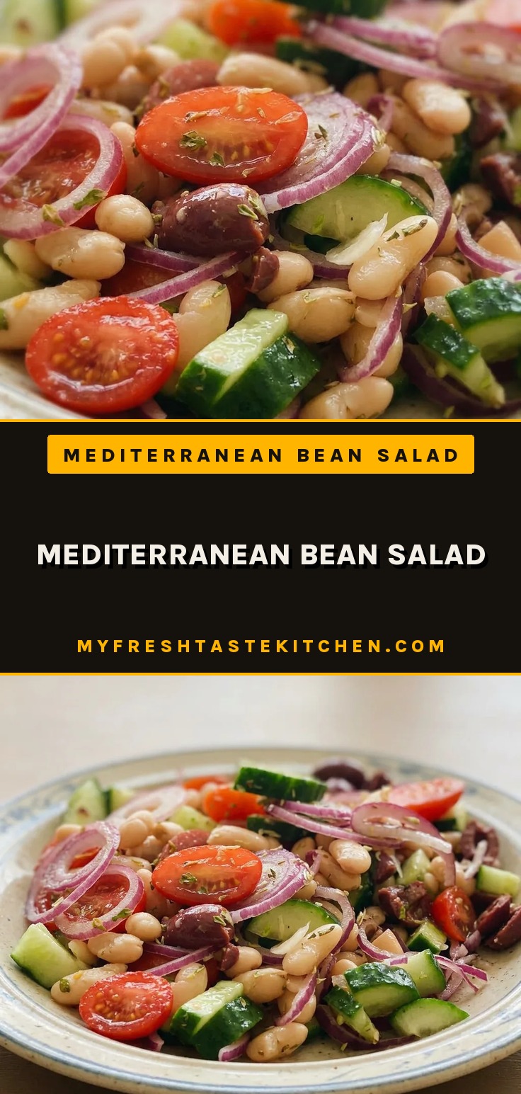 Mediterranean bean salad with white beans, cherry tomatoes, Kalamata olives, red onion, and cucumber, garnished with fresh herbs.