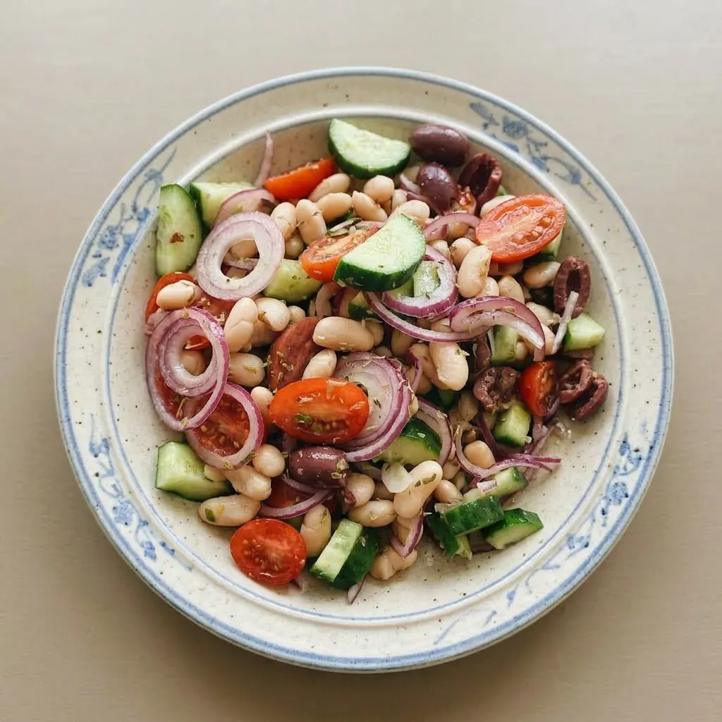 Ready to serve: white beans, cherry tomatoes, Kalamata olives, red onion, and cucumber mixed together, seasoned with oregano and garlic, dressed with olive oil and lemon juice.