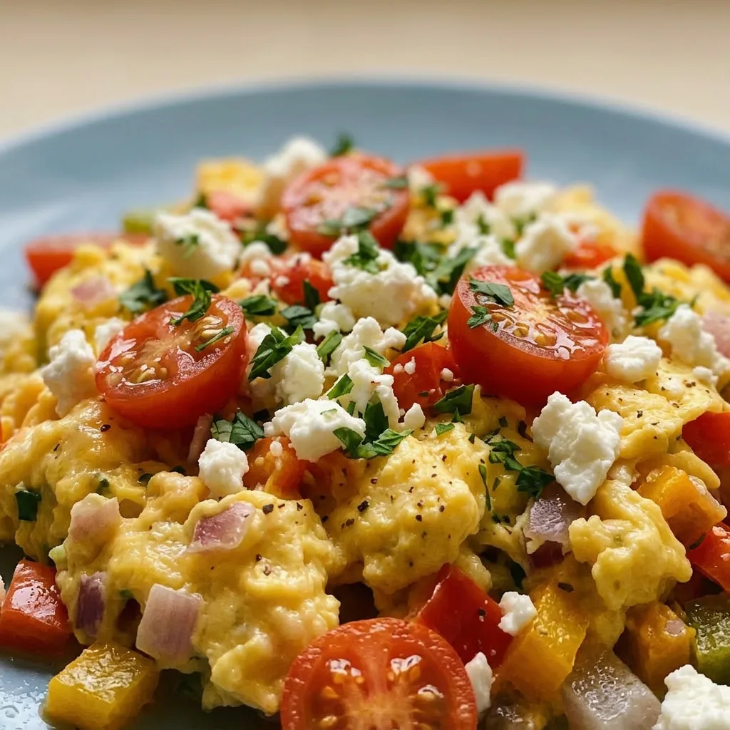 Macro detail of fluffy scrambled eggs topped with a cherry tomato half, bell pepper pieces, red onion slivers, and feta cheese.