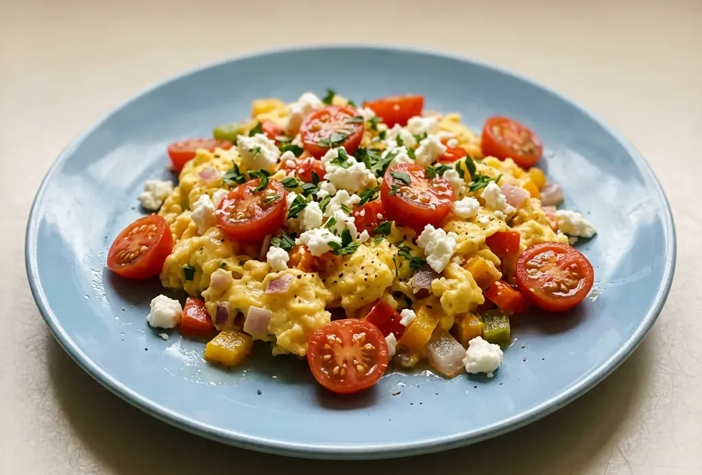 Top-down look at scrambled eggs with halved cherry tomatoes, diced bell peppers, red onion, and crumbled feta cheese.