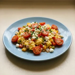 Top-down look at scrambled eggs with halved cherry tomatoes, diced bell peppers, red onion, and crumbled feta cheese.