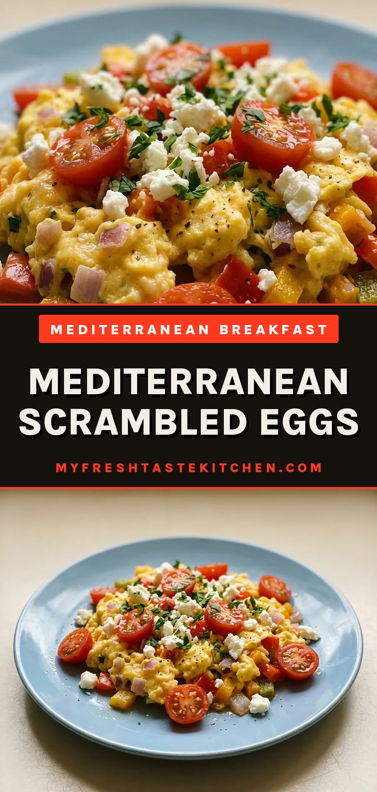 Mediterranean scrambled eggs with cherry tomatoes, bell peppers, and feta cheese in a skillet