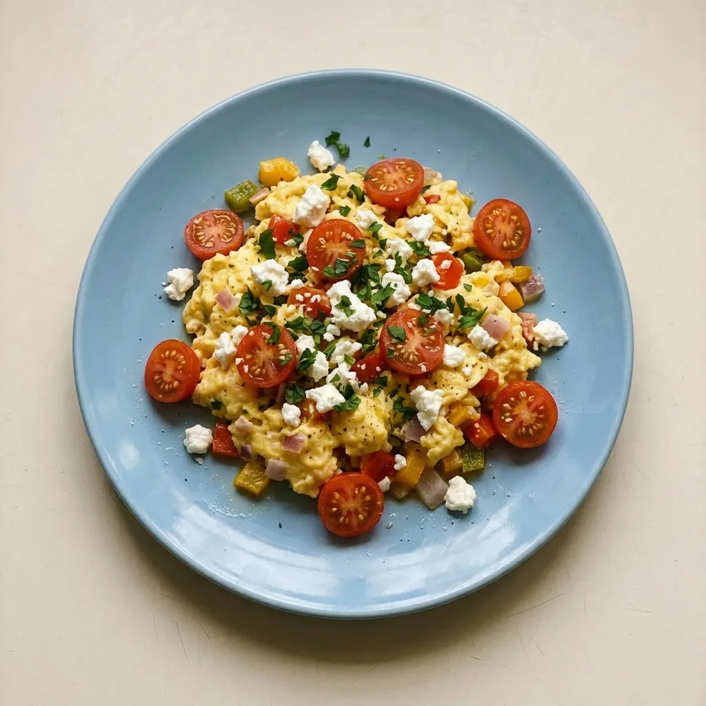 A serving of scrambled eggs garnished with cherry tomatoes, bell peppers, red onion, and feta cheese, drizzled with olive oil.