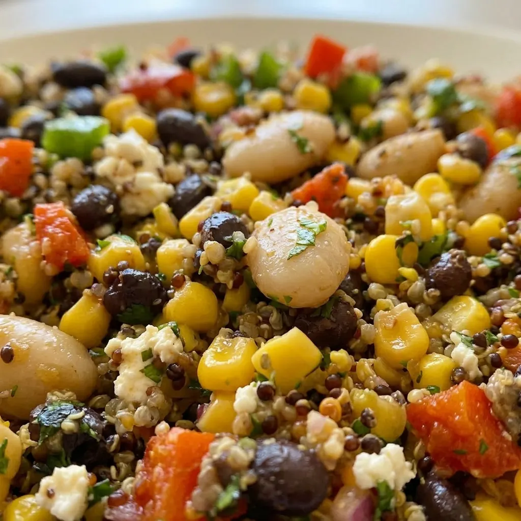 Close view of a fork lifting quinoa and black beans with butter beans, bell pepper, corn, red onion, and feta, garnished with cilantro.
