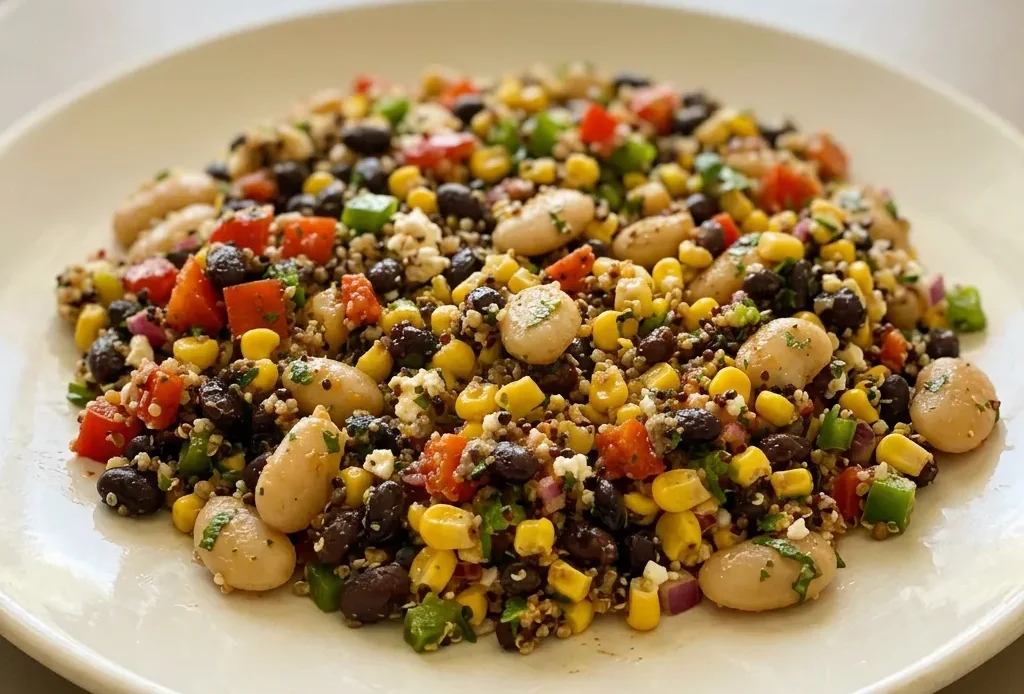 Overhead shot of a quinoa and black bean salad with butter beans, bell pepper, corn, red onion, crumbled feta, and cilantro, topped with lime wedges.