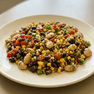 Overhead shot of a quinoa and black bean salad with butter beans, bell pepper, corn, red onion, crumbled feta, and cilantro, topped with lime wedges.